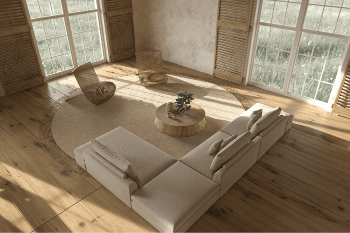 ห้องนั่งเล่นสไตล์นอร์ดิก เฟอร์นิเจอร์ไม้ โซฟาสีเอิร์ธโทน