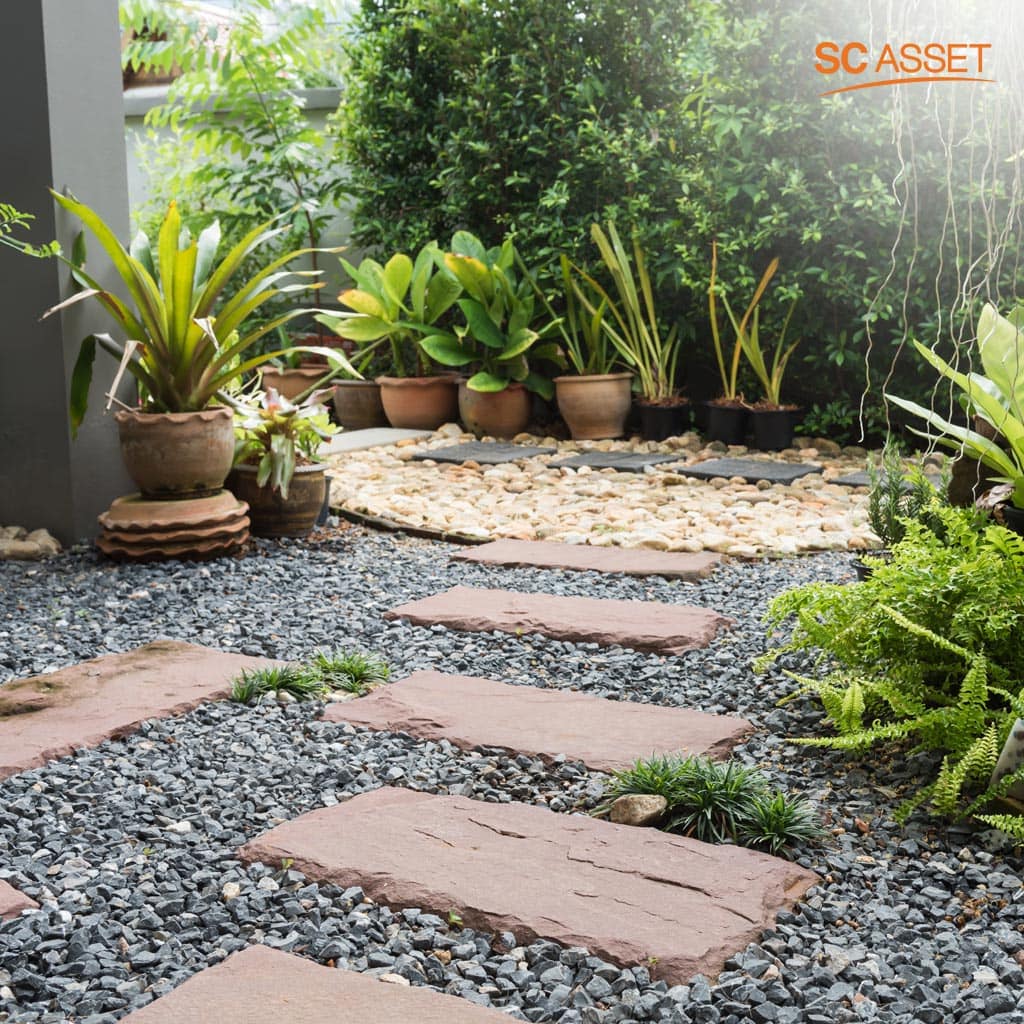 จัดสวนข้างบ้านด้วยทางเดินหินในบ้านทาวน์โฮม