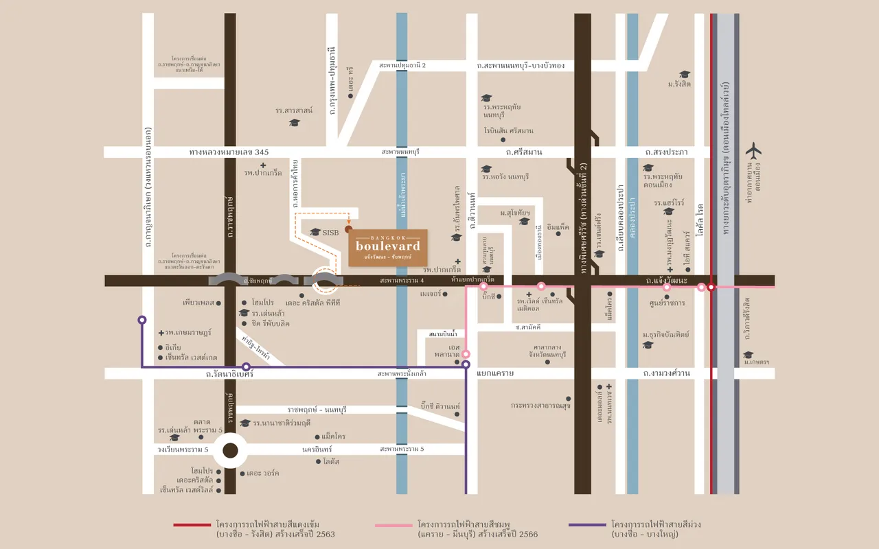 แผนที่ทำเล บ้านเดี่ยวหรู บางกอก บูเลอวาร์ด แจ้งวัฒนะ-ชัยพฤกษ์ และเส้นทางเชื่อมต่อโดยรอบ